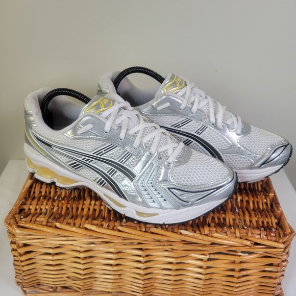 Asics Other - Asics Gel-Kayano 14 White Pure Silver Yellow Running Shoes 1203A537 Mens Size 9